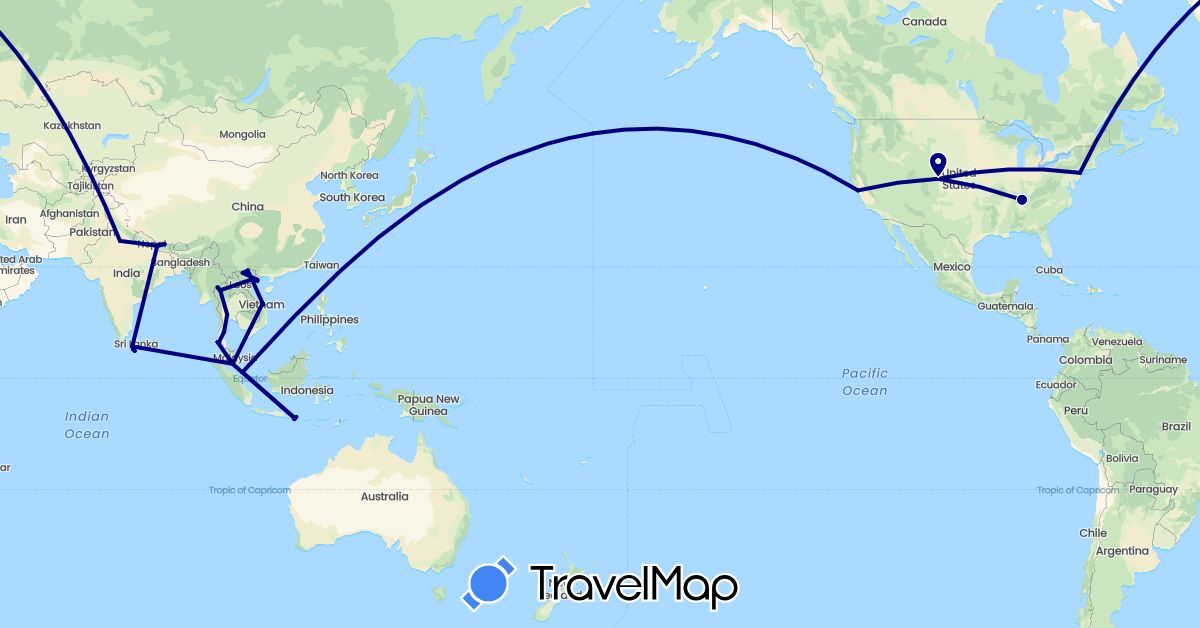 TravelMap itinerary: driving in China, Indonesia, India, Sri Lanka, Malaysia, Nepal, Singapore, Thailand, United States, Vietnam (Asia, North America)